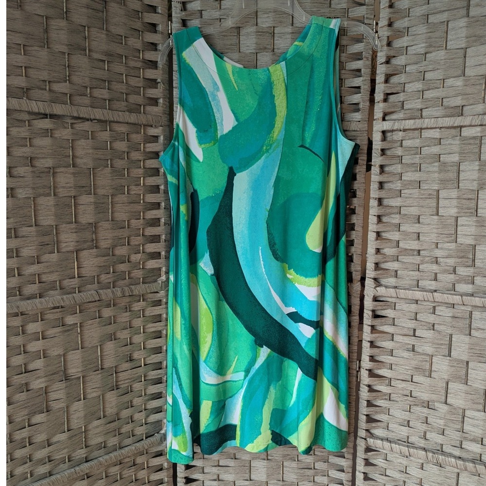 Susan Graver Knit Dress Green Abstract Tie Back Sleeveless Lightweight Sz L Mod